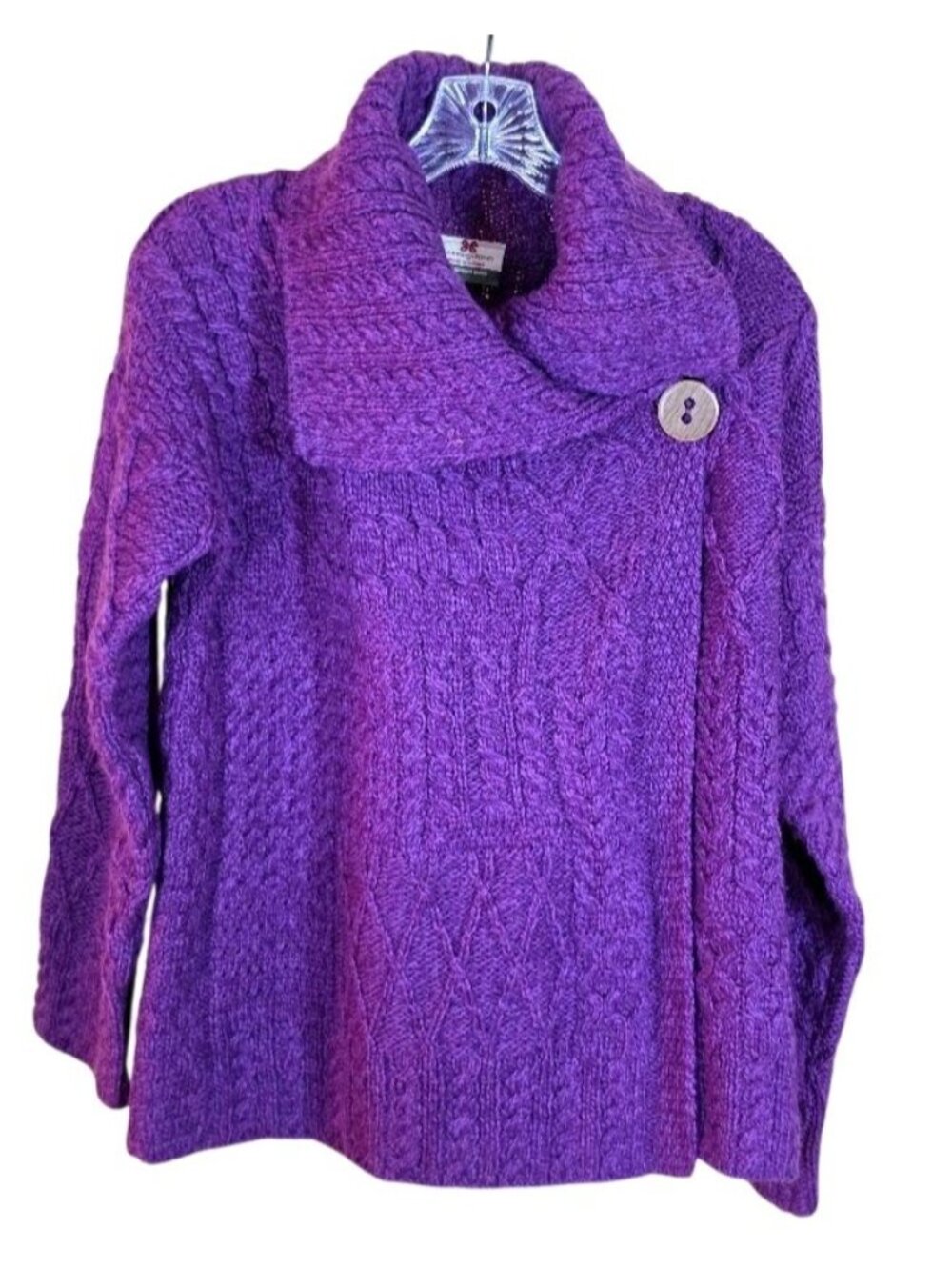 Vintage Carraig Donn Ireland Merino Wool Aran Shawl Collar Sweater XL Purple